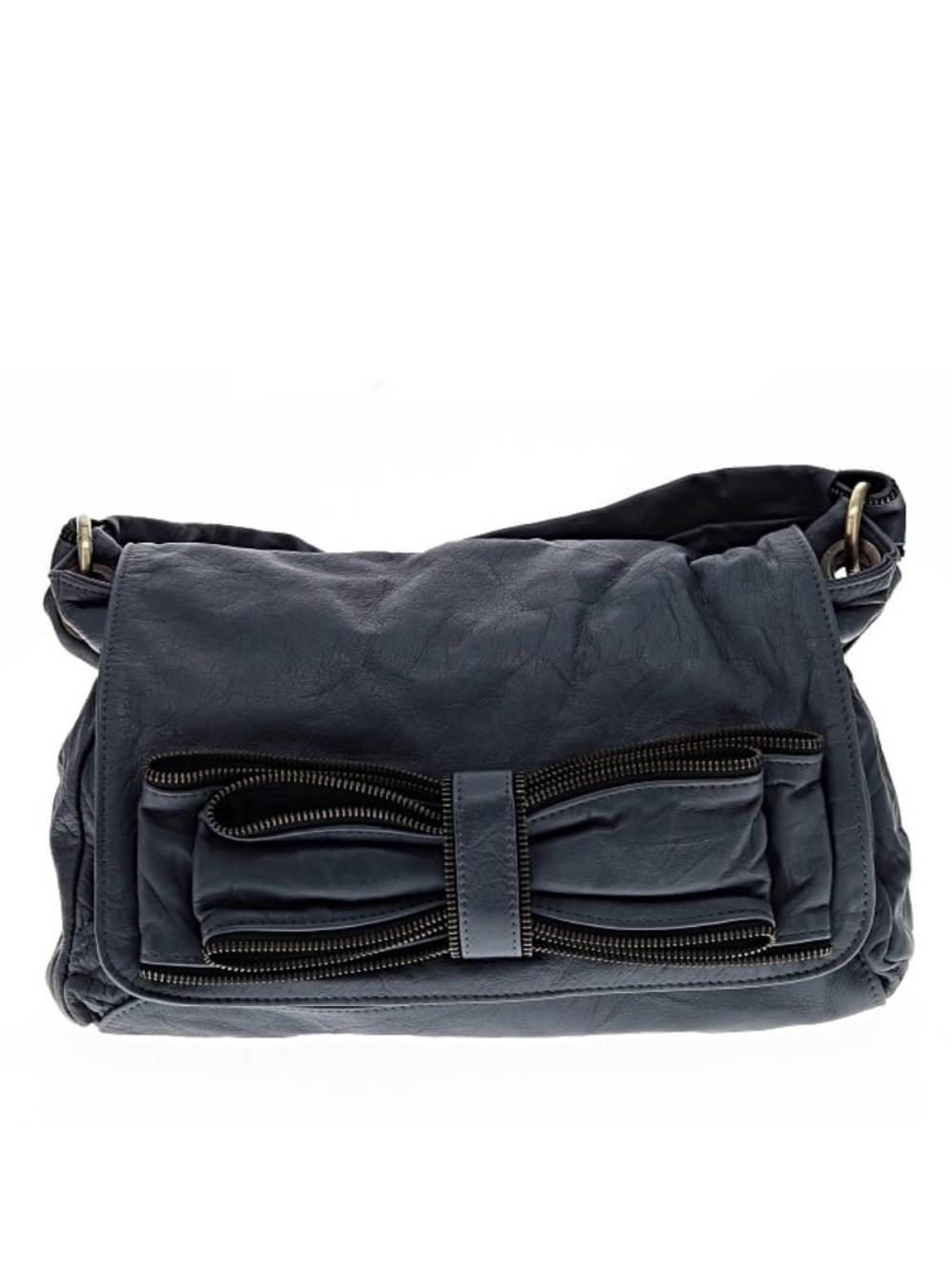 Tylie Malibu Leather Shoulder Bag in Deep Blue-Teal, Zipper Bow Detail, 14x9,5x7